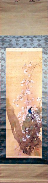 JAPON, époque Meiji KAKEMONO sur soie oiseau sur un prunus en fleurs. Signé.
123...