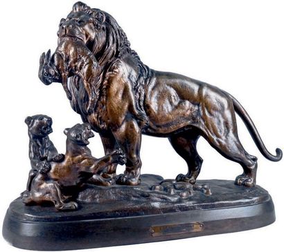 Édouard DELABRIERRE - 1829-1912 LION PREMIER GIBIER Groupe en bronze à patine mordorée...