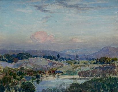 Émile René MÉNARD - 1861-1930 PAYSAGE DE CAMARGUE
Huile sur panneau monogrammée en...