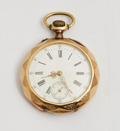 null 13 Gold pocket watch, double gold case, horse head hallmark, faceted contour,...