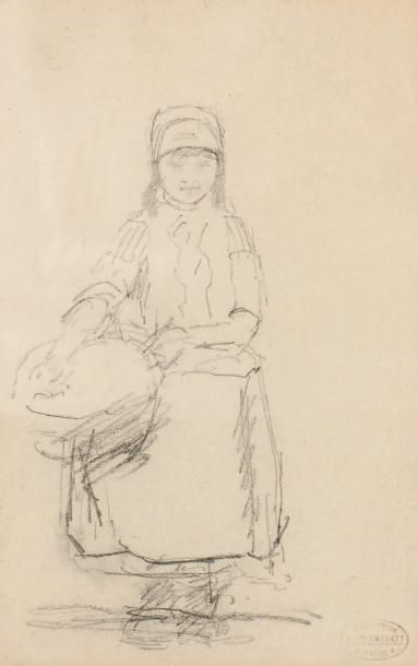 Mary CASSATT (1844-1926) Petite fille Dessin au crayon. Cachet de la vente en bas... Gazette Drouot