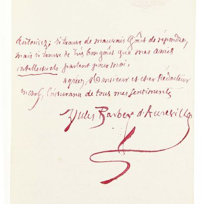 BARBEY D'AUREVILLY, Jules.1808-1889. 
Lettre autographe signée [à Edmond Tarbé]
S.l.,...