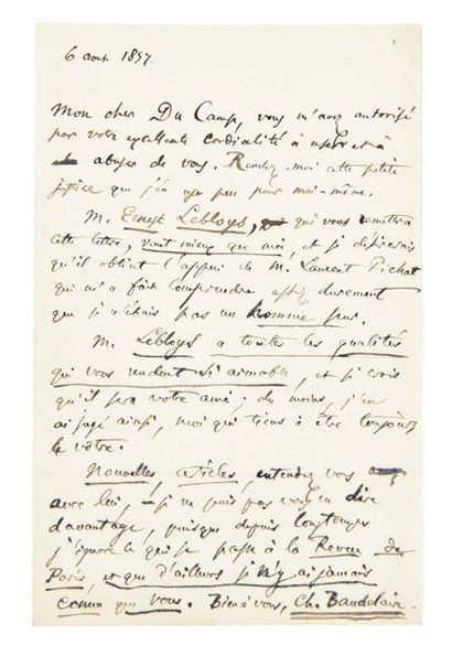 BAUDELAIRE, Charles (1821-1867) 
Lettre autographe signée à Maxime Du Camp
S.l.,...