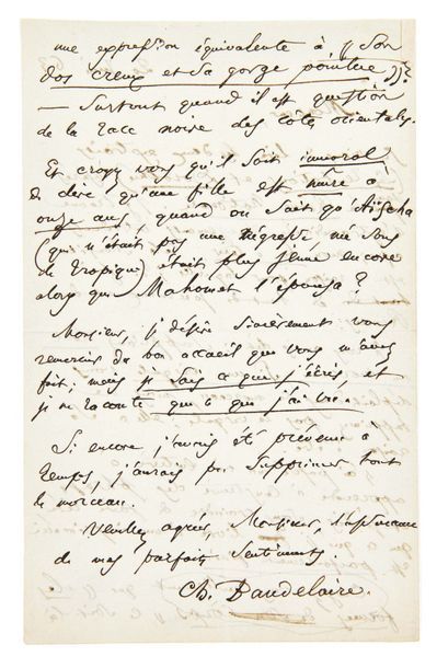 BAUDELAIRE, Charles (1821-1867) 
Lettre autographe signée [à Gervais Charpentier]
S.l.,...