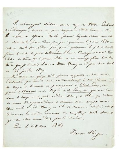 HUGO, Victor (1802-1885) 
Reçu autographe signé
Paris, 28 mai 1841 1 p. sur 1 double...