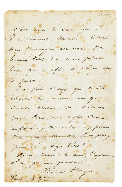 HUGO, Victor (1802-1885) 
Lettre autographe signée à l'abbé Donis
Paris, 3 novembre...