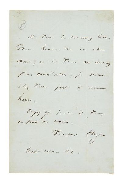HUGO, Victor (1802-1885) 
Billet autographe signé à Jean-Baptiste
Duvergier
S.l.n.d.
1...