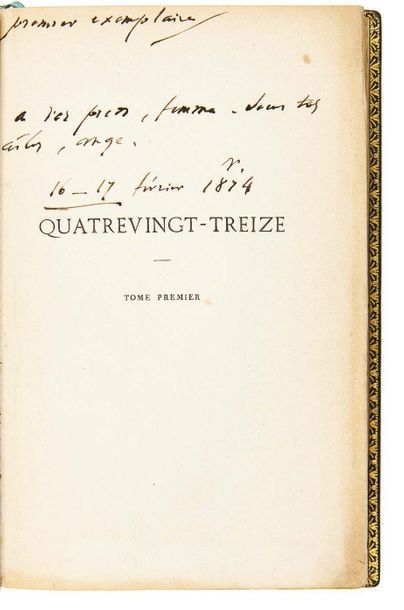 HUGO, Victor (1802-1885) 
Quatrevingt-treize
Paris, Michel Lévy frères, 1874 3 vol....