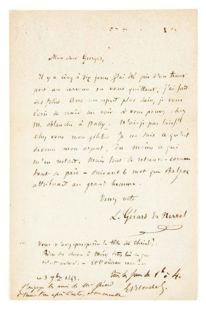 NERVAL, Gérard de (1808-1855) 
Lettre autographe signée à Georges Bell
Paris, 3 septembre...