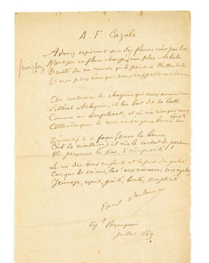 VERLAINE, Paul (1844-1896) 
Poème autographe signé «A. F. Cazals»
Paris, juillet...
