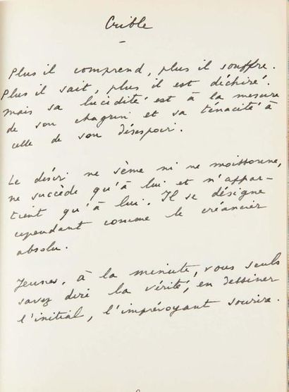 CHAR, René 
Autograph manuscript signed for Le Chien de coeur.
Les Busclats, October...