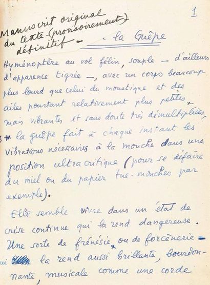 PONGE, Francis 
Manuscrit autographe signé pour le poème « la Guêpe ».
Paris, mai...