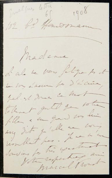 PROUST, Marcel 
Autograph correspondence signed.
1907-1917.
Set of 82 p., various...