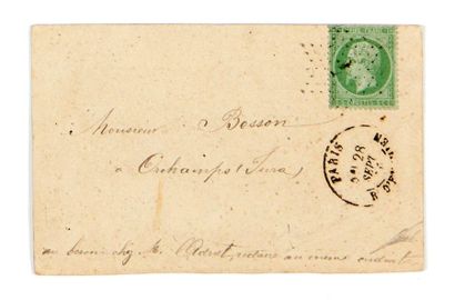  28 SEPTEMBRE 1870 5c empire seul obl. étoile 4 PARIS R. d'Enghien, sur carte pour...