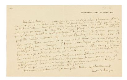 ARAGON (Louis) 
Lettre autographe signée.
[c. 1923-1924].
1 p. sur 1 f. in-12 oblong...