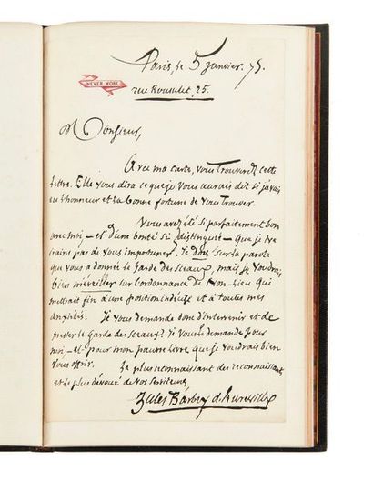 BARBEY d'AUREVILLY (Jules) 
Ensemble de 4 lettres autographes signées à Edgar Raoul-
Duval.
5...