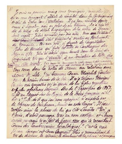 HÉREDIA (José-Maria de) 
Lettre autographe signée.
[2-3 février 1893].
2 p. sur 1...