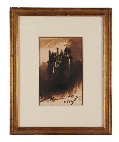 HUGO (Victor) 
Dessin original signé.
1867.
22 x 14 cm, plume et lavis d'encre brune...