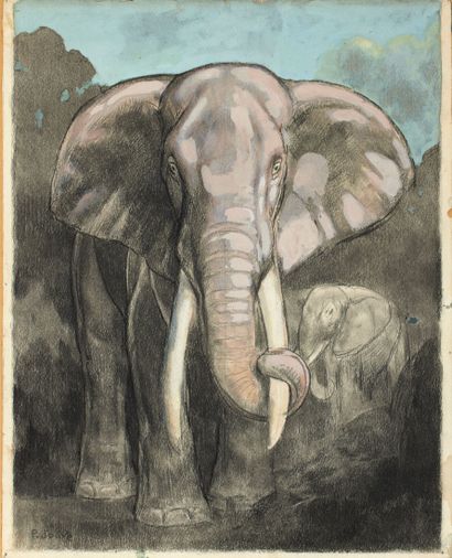  Paul JOUVE 1878-1973
Éléphants - 1966
Crayon et rehauts de gouache sur papier

Signé... Gazette Drouot