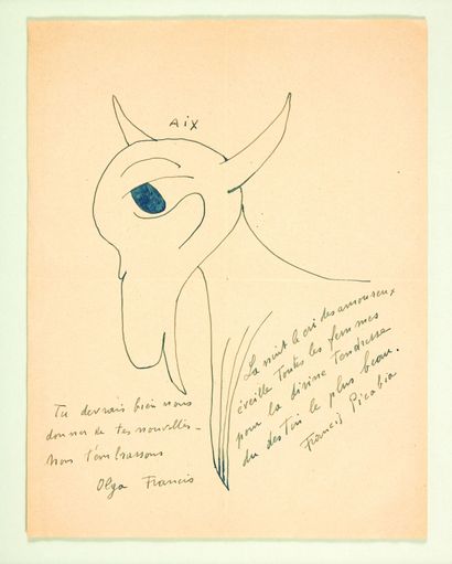  Francis PICABIA Lettre autographe signée illustrée d’un dessin.
Sans date vers 1947.
Lettre... Gazette Drouot