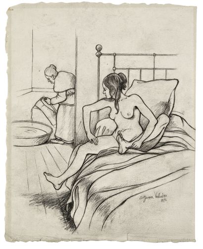  Suzanne VALADON 1865-1938
Jeune fille au tub - 1896
Crayon gras sur papier
Signé... Gazette Drouot