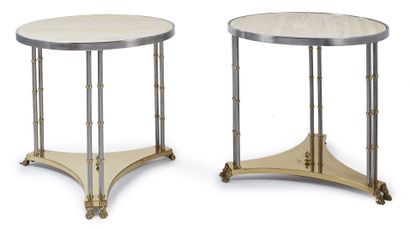  Pair of round pedestal tables in the taste of Adam Weisweiler (1746-1820) In metal... Gazette Drouot