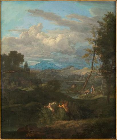 Ecole italienne du XVIIe siècle Pan et Syrinx dans un paysage Huile sur toile marouflée...