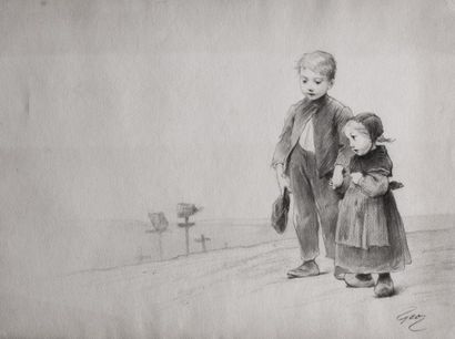 GEO (1853-1924) Frère et soeur. Crayon et lavis d'encre. Signé en bas à droite. 28...
