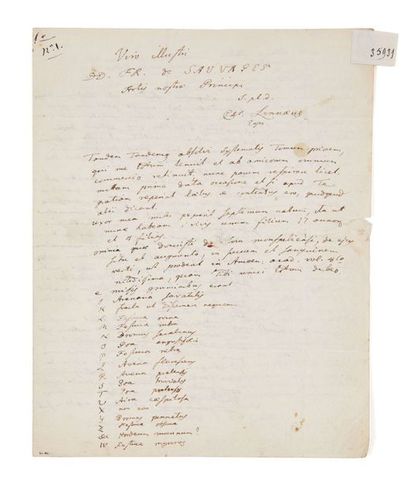 CARL VON LINNÉ (1707-1778) Lettre autographe signée, en latin, à François Boissier...