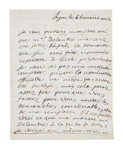 ANDRÉ-MARIE AMPÈRE (1775-1836) Lettre autographe signée
Lyon, 28 octobre 1804 4 p....