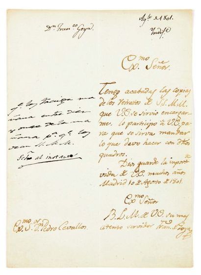 Francisco de GOYA Y LUCIENTES (1746-1828) Lettre autographe signée à Pedro Cevallos,...