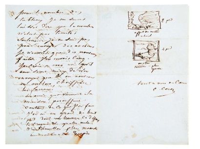Jean-Baptiste COROT (1796-1875) Lettre autographe signée enrichie de 2 croquis
Paris,...