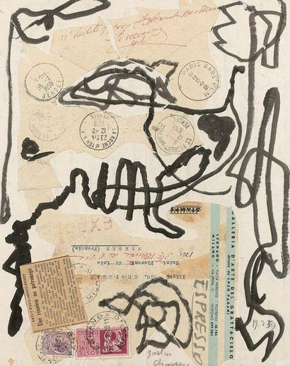 Gaston CHAISSAC (1910-1964) Composition - 1959
Feutre noir et collage d'enveloppes...