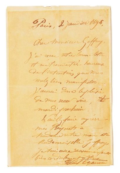 Paul CEZANNE (1839-1906) Lettre autographe signée à Gustave Geffroy
Paris, 2 janvier...