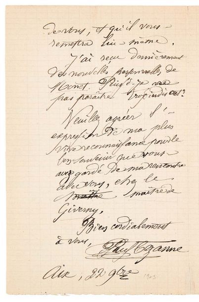 Paul CEZANNE (1839-1906) Lettre autographe signée à Octave Mirbeau
Aix, 22 novembre...