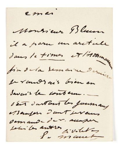 Edouard MANET (1832-1883) Lettre autographe signée
[S.l.], 2 mai
1 p. sur 1 double...