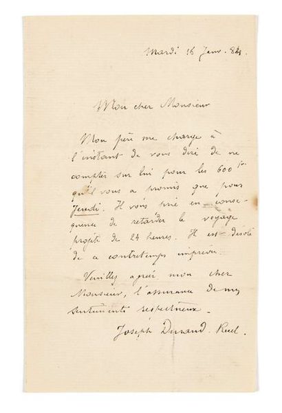 PAUL DURAND-RUEL (1831-1922) Réunion de 10 lettres autographes signées à Claude Monet
Paris,...