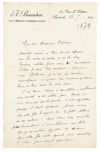 Paul GAUGUIN (1848-1903) Lettre autographe signée à Camille Pissarro
Paris, 26 juillet...