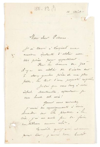 Paul GAUGUIN (1848-1903) Lettre autographe signée à Camille Pissarro
[S.l.], 16 août...
