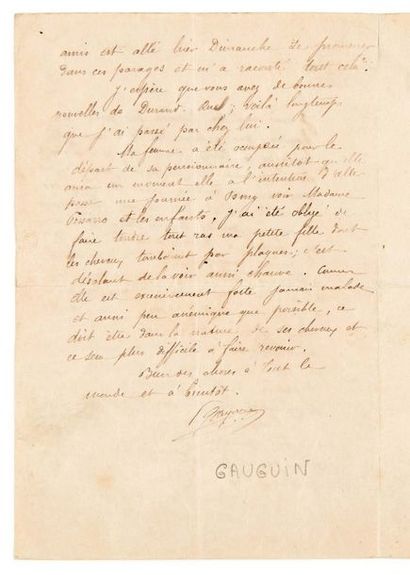 Paul GAUGUIN (1848-1903) Lettre autographe signée à Camille Pissarro
[S.l., 1883]
2...