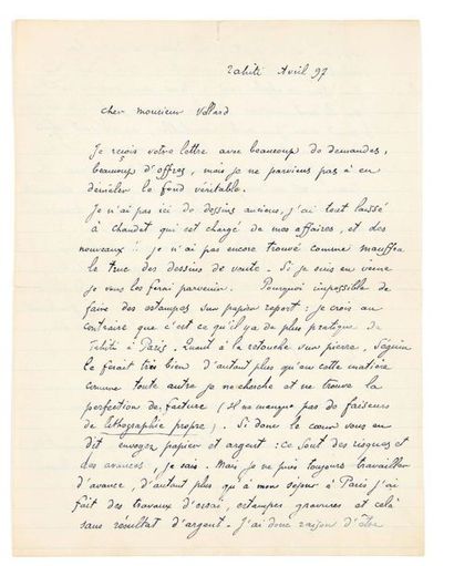 Paul GAUGUIN (1848-1903) Lettre autographe signée à Ambroise Vollard
Tahiti, avril...