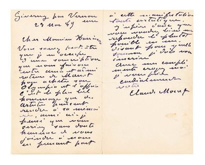 Claude monet (1840-1926) Lettre autographe signée Giverny, 23 mai 1889
2 p. sur 1...