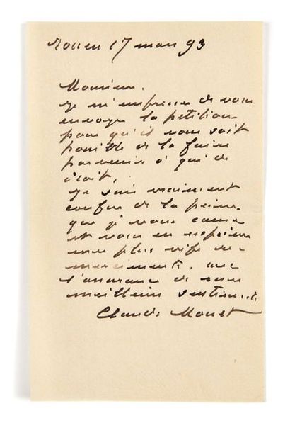 Claude monet (1840-1926) Lettre autographe signée
Rouen, 17 mars 1893
1 p. sur 1...
