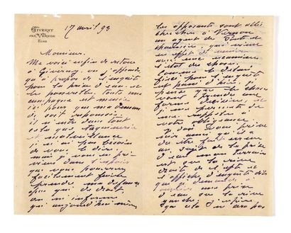 Claude monet (1840-1926) Lettre autographe signée
Giverny, 17 avril 1893
4 p. sur...