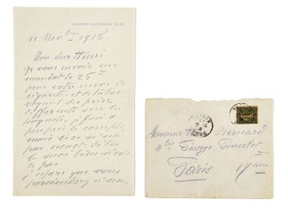 Claude monet (1840-1926) Lettre autographe signée
Giverny, 11 novembre 1918
2 p....