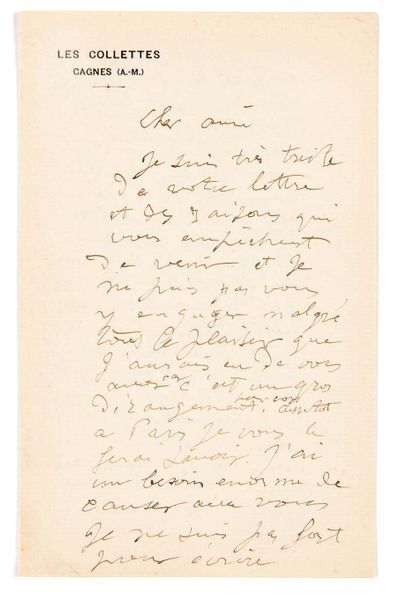 Auguste RENOIR (1841-1919) Lettre autographe signée
Cagnes, [s.d.]
3 p. sur 1 double...