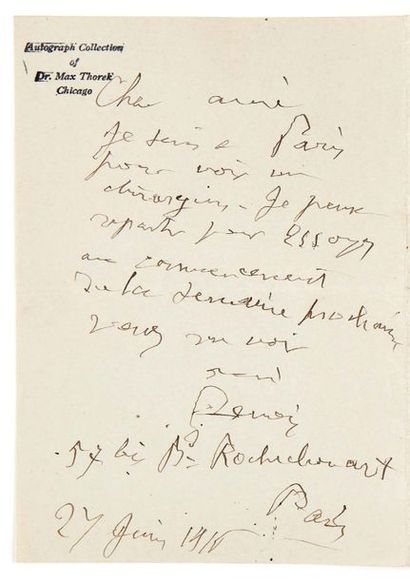 Auguste RENOIR (1841-1919) Lettre autographe signée
Paris, 27 juin 1916
1 p. sur...