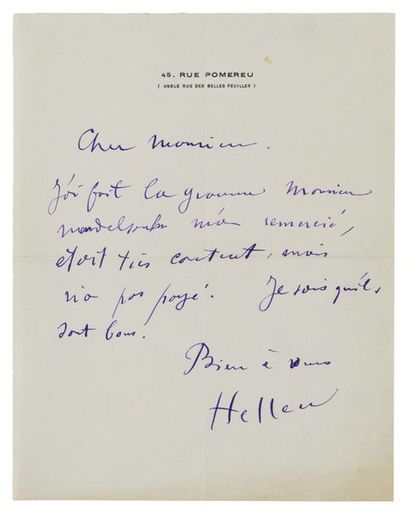 Paul-César HELLEU (1859-1927) Lettre autographe signée
[Paris, s.d.]
1 p sur 1 f....