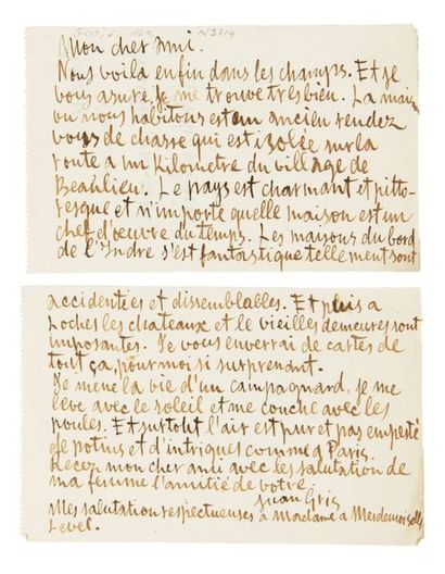 Juan GRIS (1887-1927) Lettre autographe signée Beaulieu, [1916]
2 p. sur 2 f. in-12...