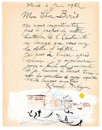 Raoul DUFY (1877-1953) Lettre autographe signée ornée d'une gouache originale à Pierre...